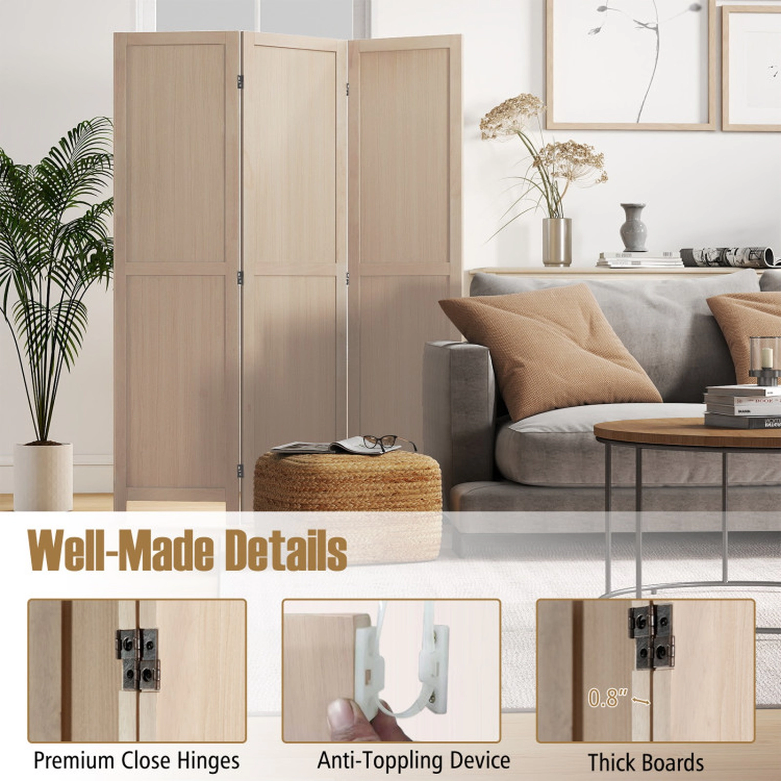 SUGIFT 3 Panel Folding Room Divider with Rubber Wood MDF Frame 53-in Unfolded Width 17.5 x 67 x 2.5 in Folded Size Beige