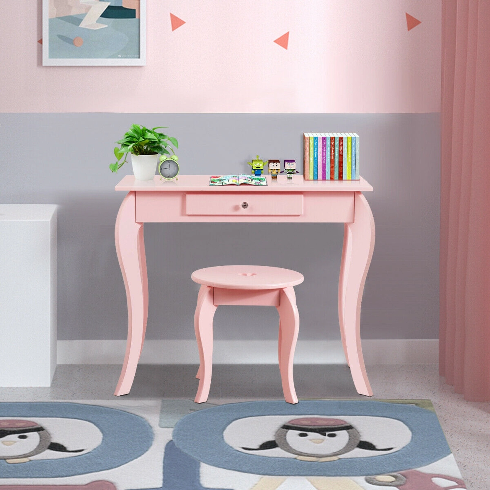 SUGIFT Kids Princess Makeup Vanity Table and Stool Set with Mirror 33-lb Table 66-lb Stool Capacity Pink/White 2-Piece