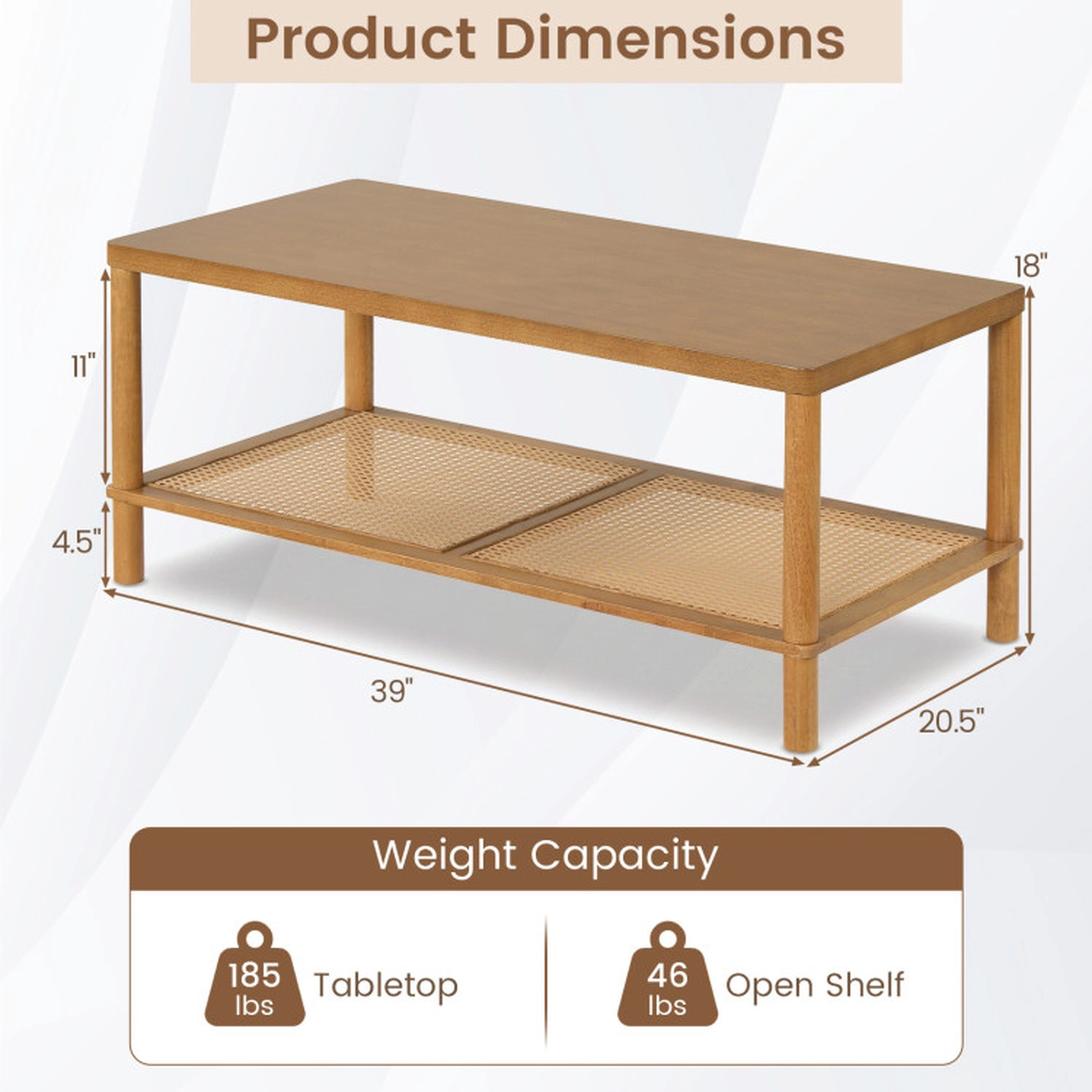 SUGIFT 39-in 185-lb Capacity 2-Tier Rustic Boho Rectangular Coffee Table with Woven PVC Rattan Shelf