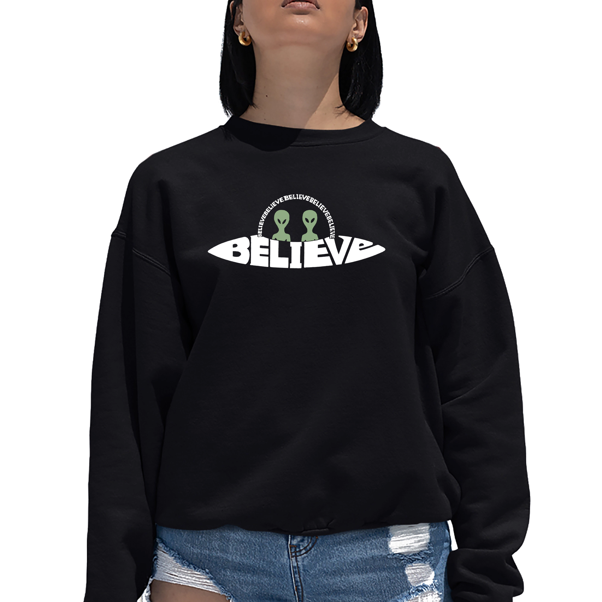 LA Pop Art Believe UFO - Women's Word Crewneck Sweatshirt