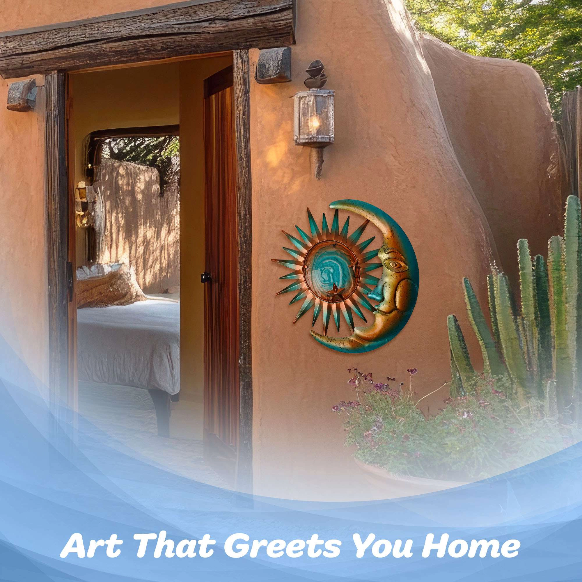 G128 Sun and Moon Metal Wall Art, Hand-Painted Turquoise Metal Sculpture for Indoor and Outdoor Hanging