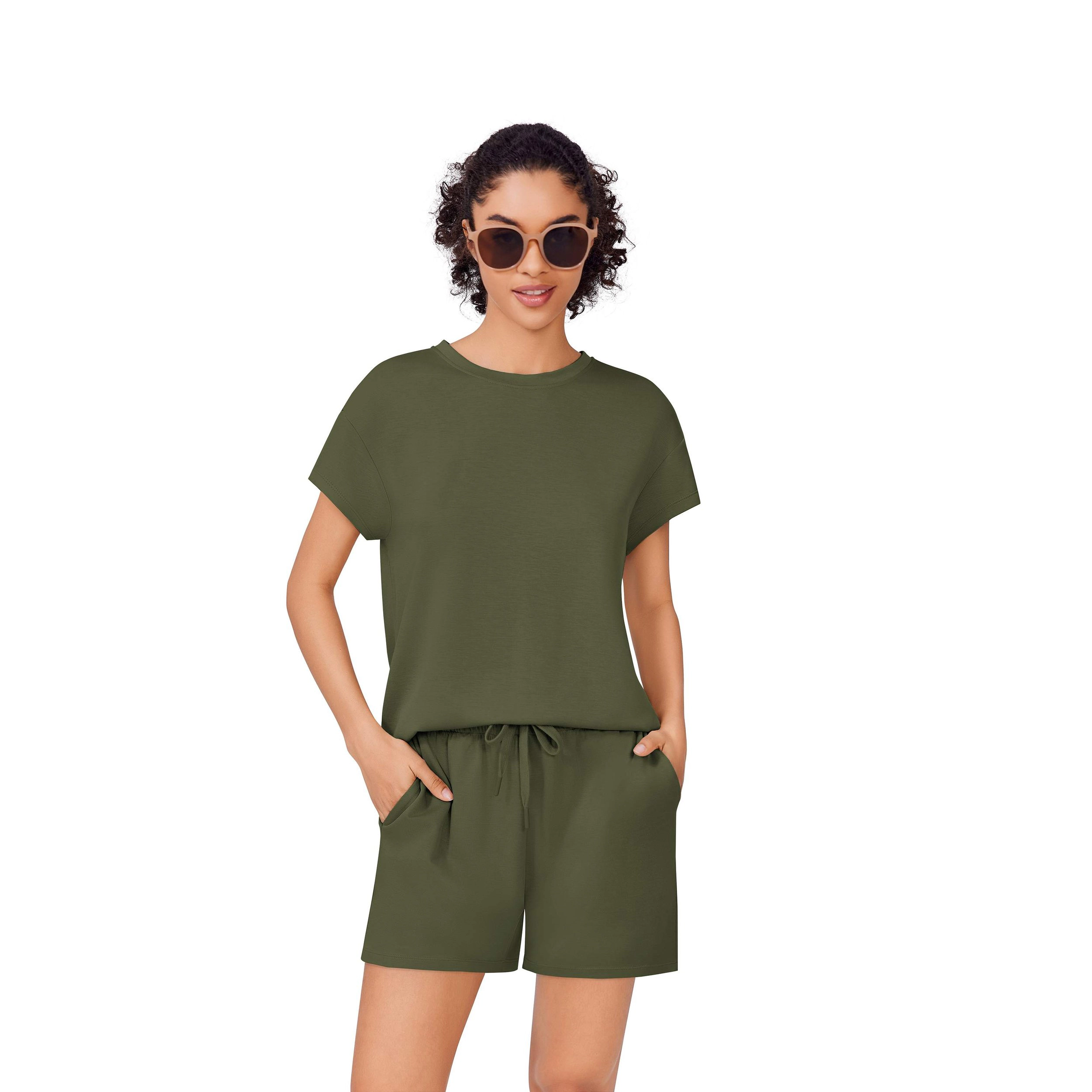 Pinspark Womens Casual Short Sleeve Tops Summer Crew Neck Drawstring Solid Sets