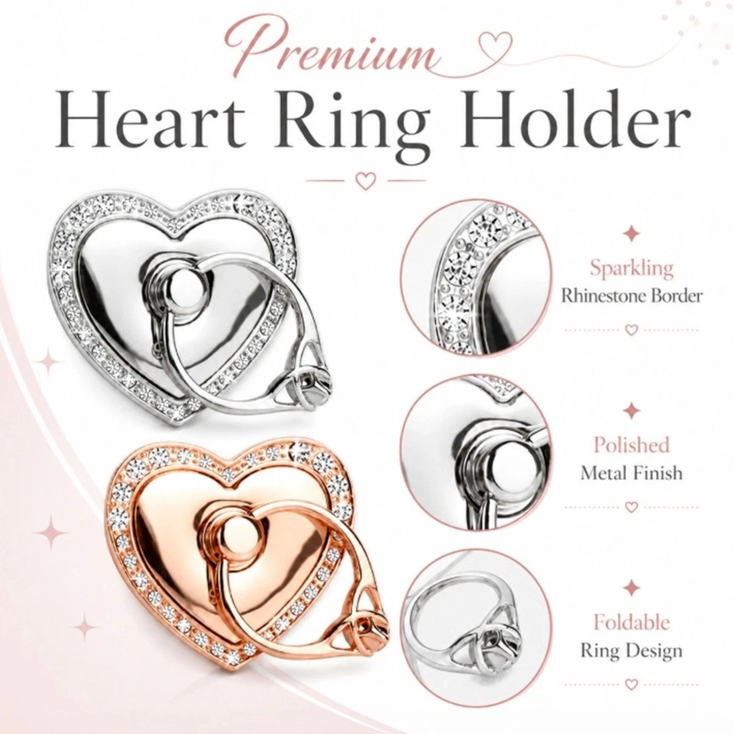 Home Collection Pack of 2 Heart Ring Phone Holder 360° Rotating Finger Grip Stand