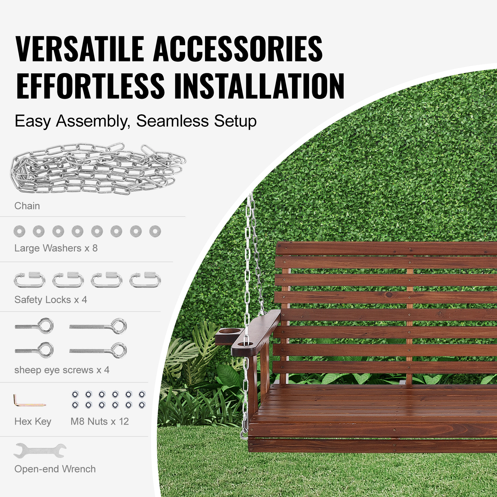 HONGGE 5.5 ft Cedar Wood Porch Swing with Dual Cup Holders & Hanging Chains, Patio Bench Seat, 880 lb Capacity