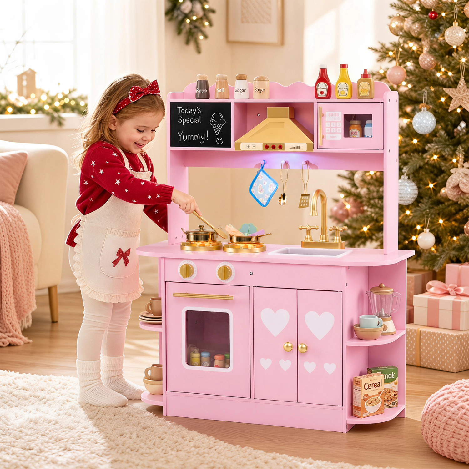 LJG Wooden Play Kitchen with Lights & Sounds and Stove Oven for Toddlers Ages 3+