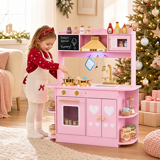 LJG Wooden Play Kitchen with Lights & Sounds and Stove Oven for Toddlers Ages 3+