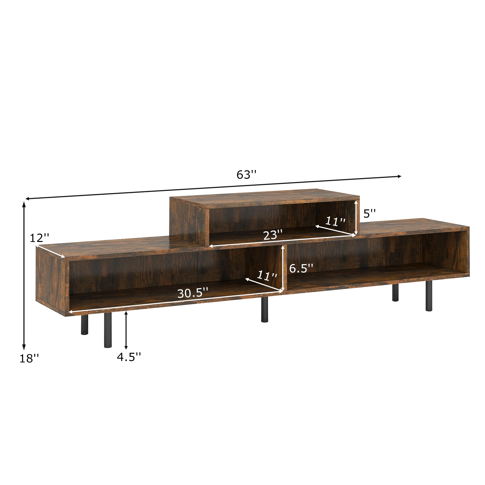 SUGIFT 63-In Rustic Brown TV Stand for TVs Up to 70 Inches, 3 Open Cubbies