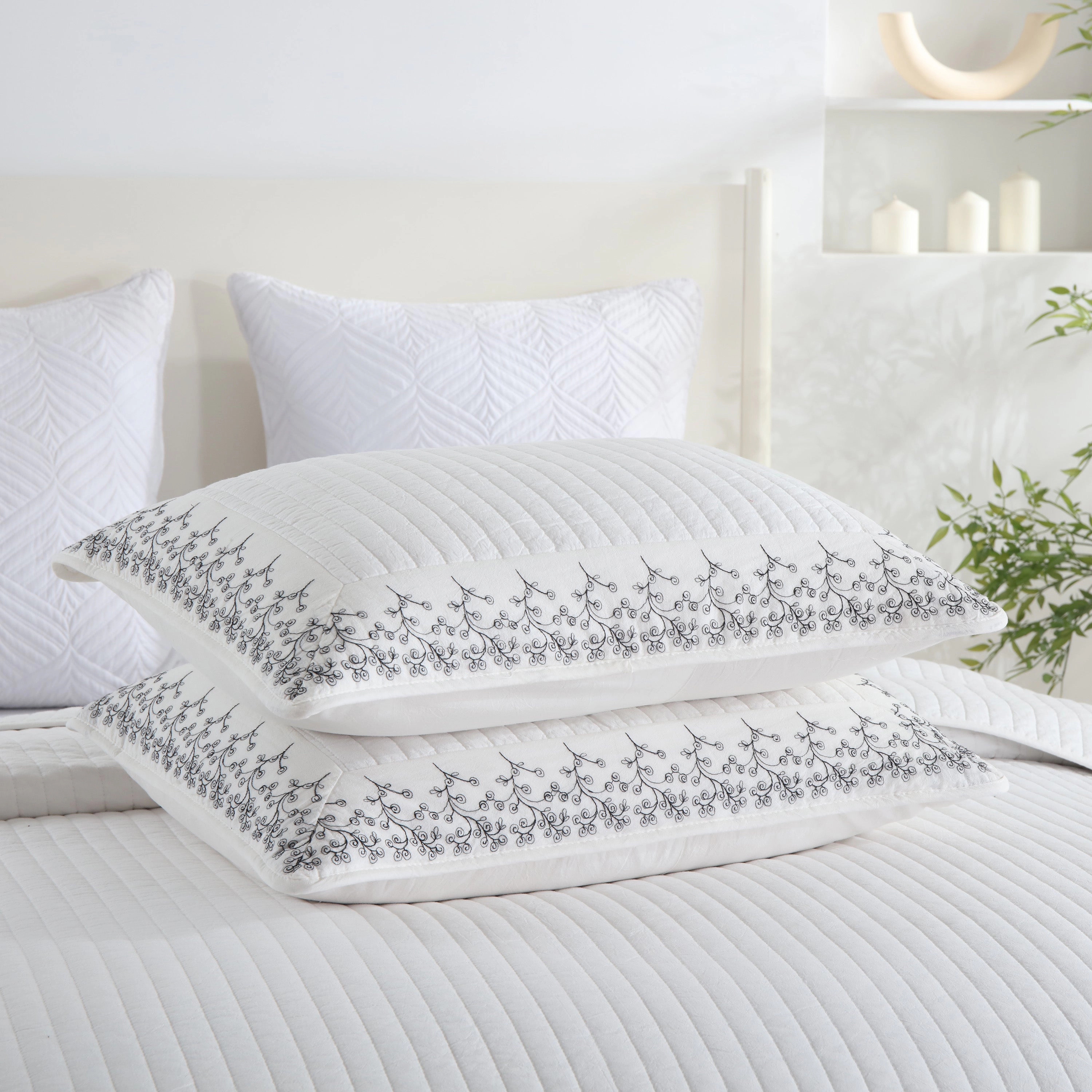 MarCielo 3 Piece 100% Cotton White Striped Embroidered Quilt Bedspread Set