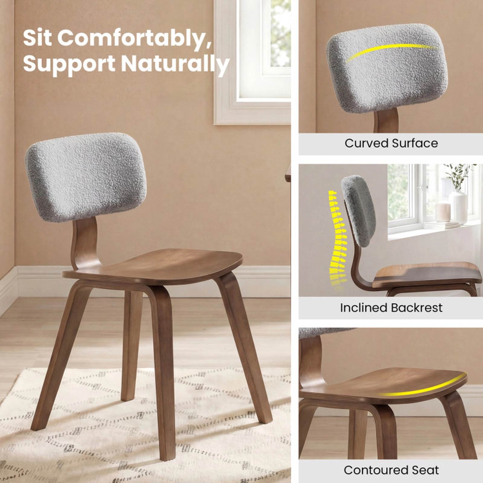 SUGIFT Walnut Rubber Wood Teddy Velvet Padded Backrest Set of 2 Dining Chairs