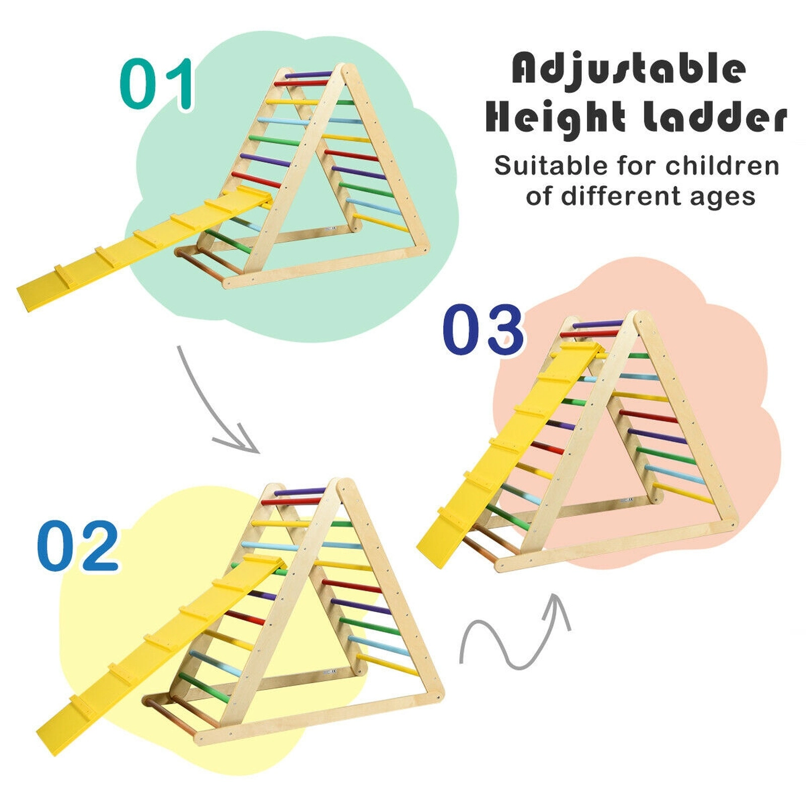 SUGIFT Foldable Wooden Climbing Triangle Ladder with Ramp 132-lb Capacity Ages 6 Months-6 Years Natural/Multicolor