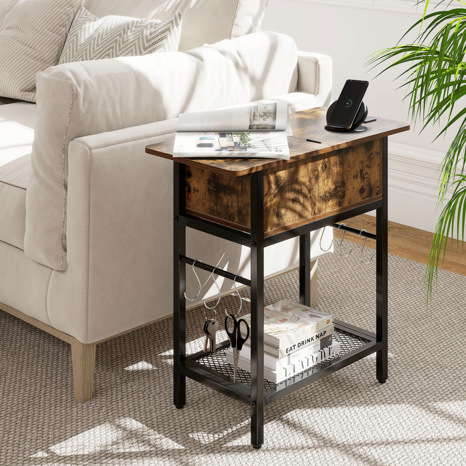 SlickBlue End Table with Charging Station, Storage Cabinet and Hooks