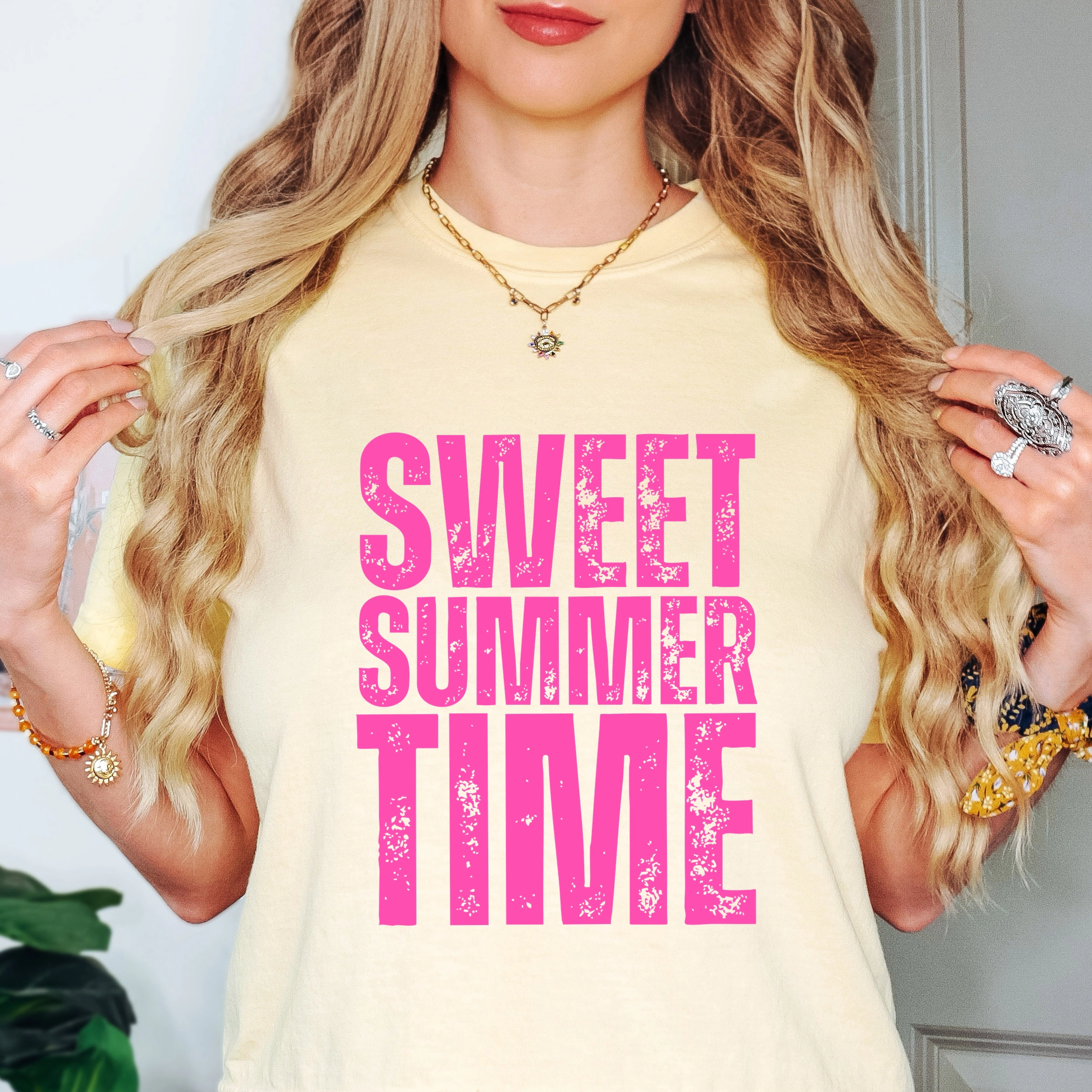 Simply Sage Market - Sweet Summer Time Block Distressed Women's Boxy Crop Top Graphic T-Shirt