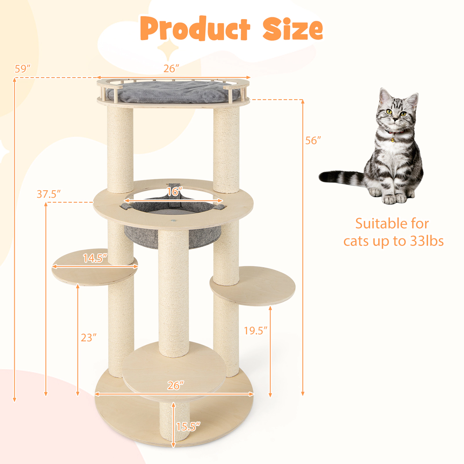 SUGIFT 59-in Tall 5-Level Wooden Cat Tree with 4.4-in Sisal Posts Fence Perch and Washable Hammock