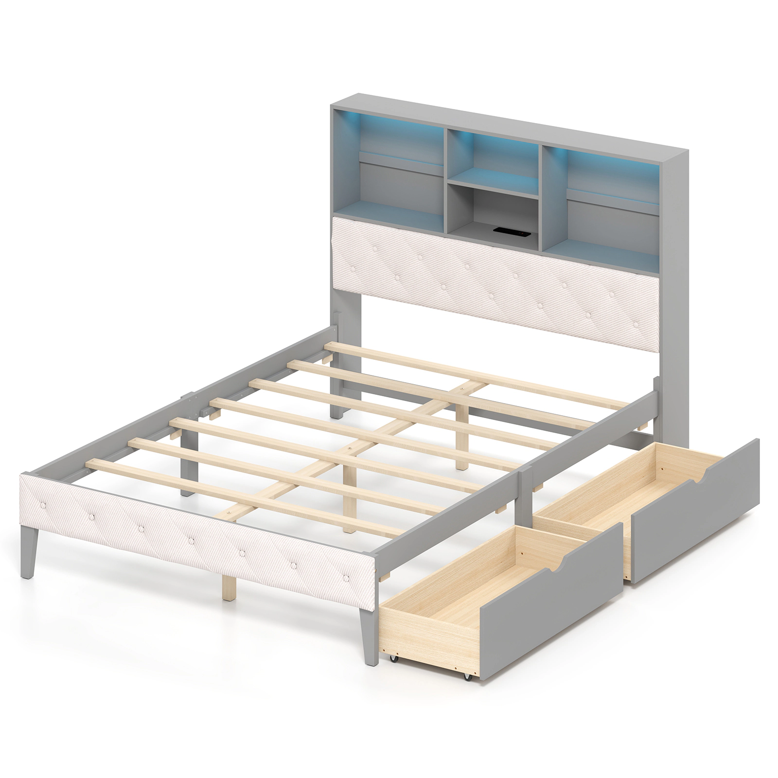LJG Full Size Bed Frame with Bookcase Headboard and LED Lights