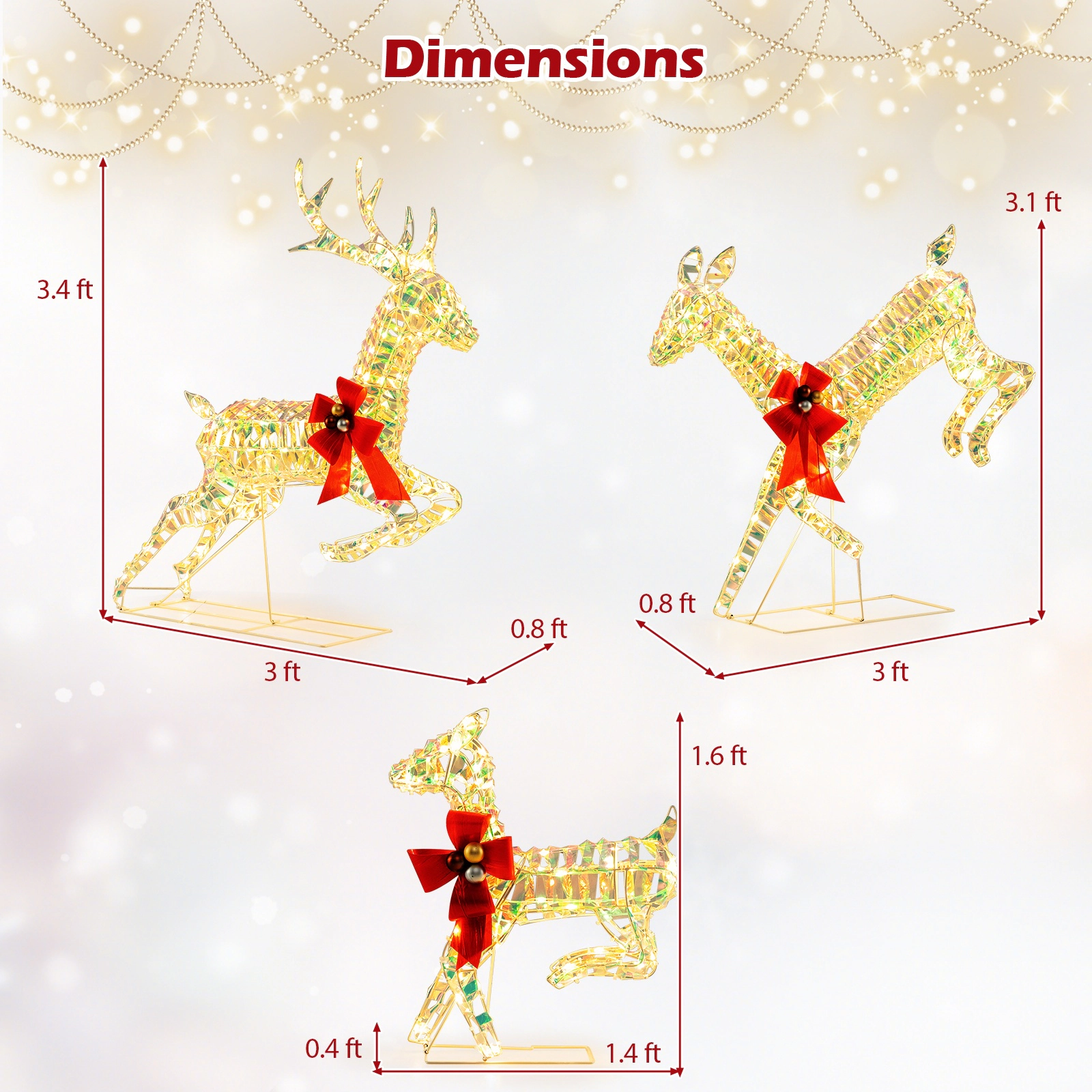SUGIFT 3-Piece Lighted Christmas Reindeer Family with 230 Warm White LED Lights Bows and Ground Stakes