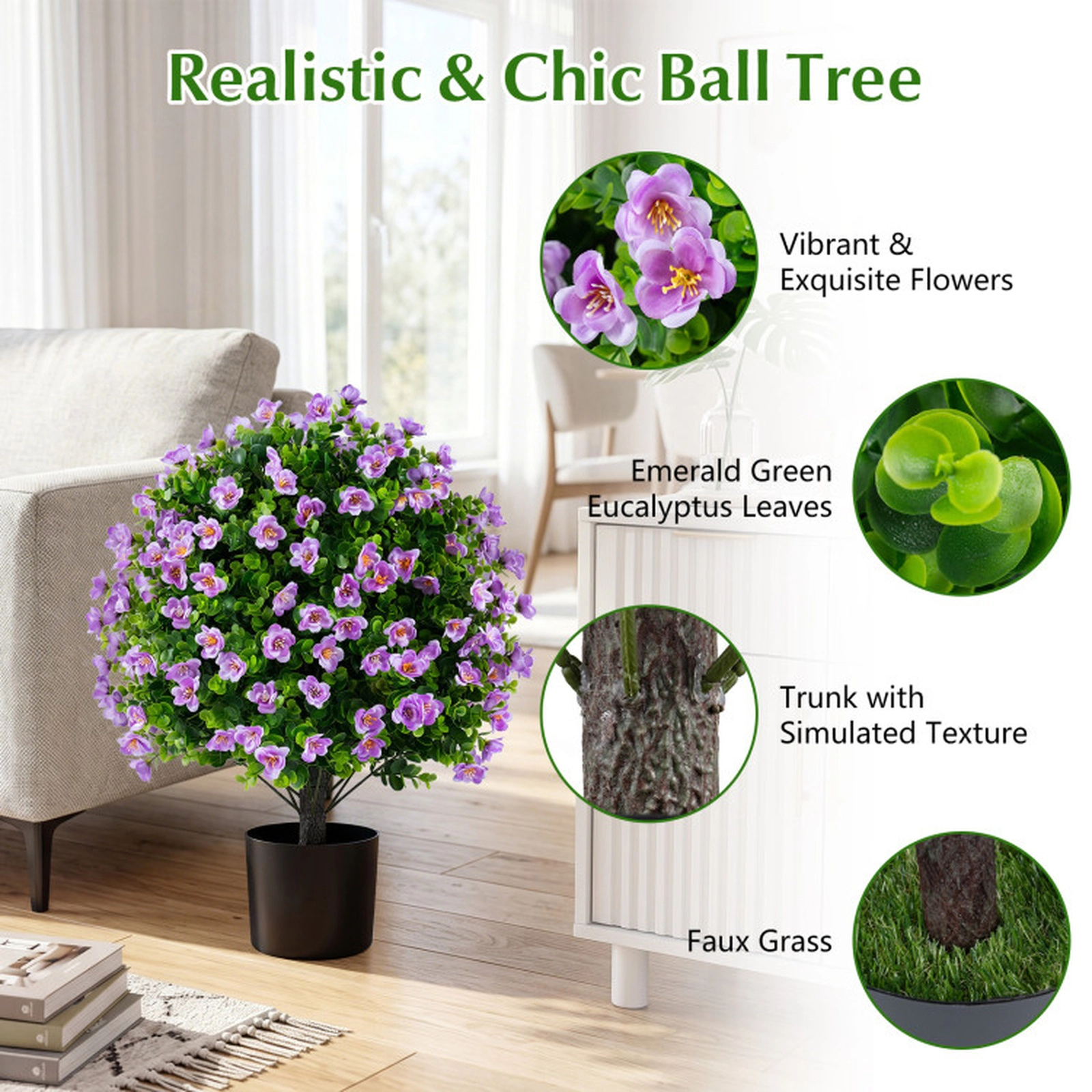 SUGIFT Set of 2 23-in Artificial Eucalyptus Topiary Ball Trees with Purple Flowers and Cement Planters