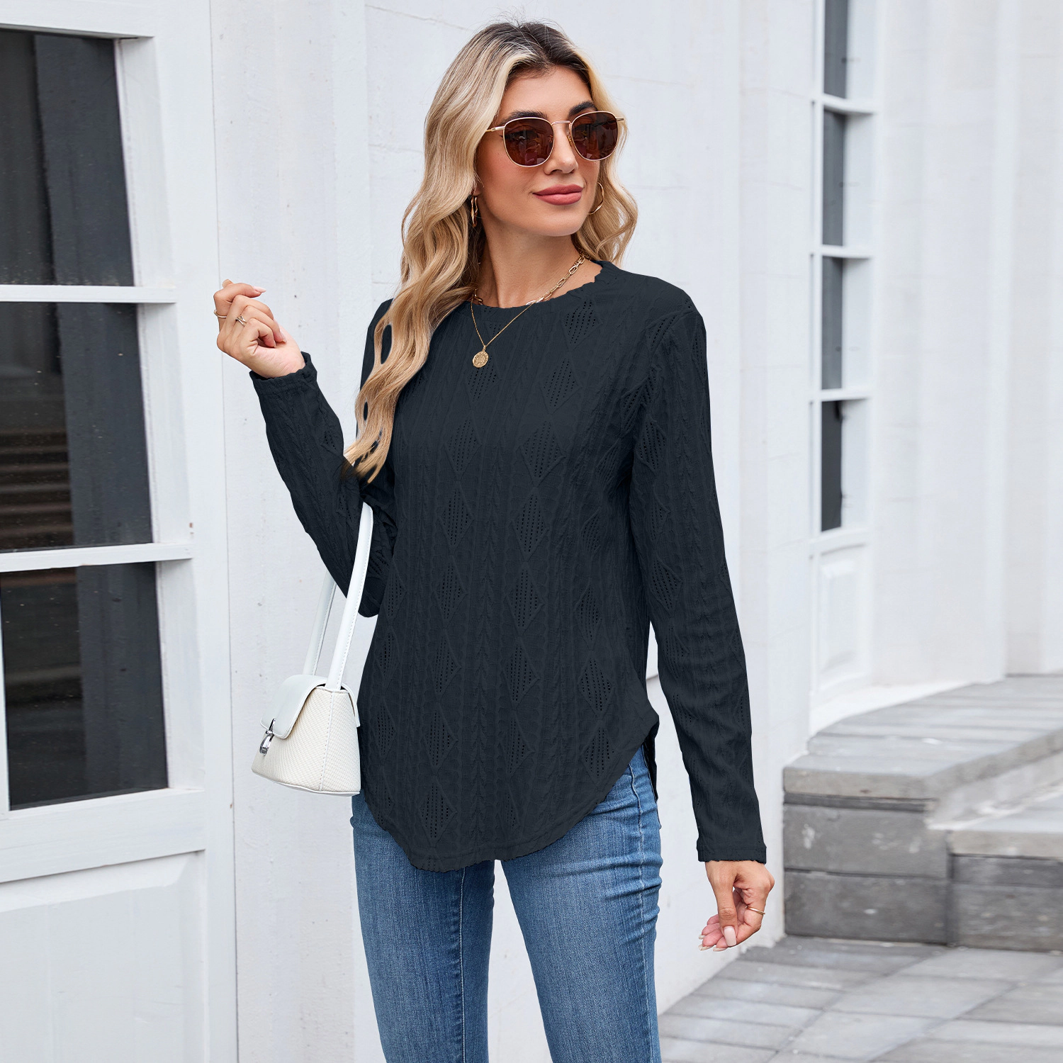 Enchanted Funland Womens Crew Neck Eyelet Long Sleeve Curved Hem Tunic Tops