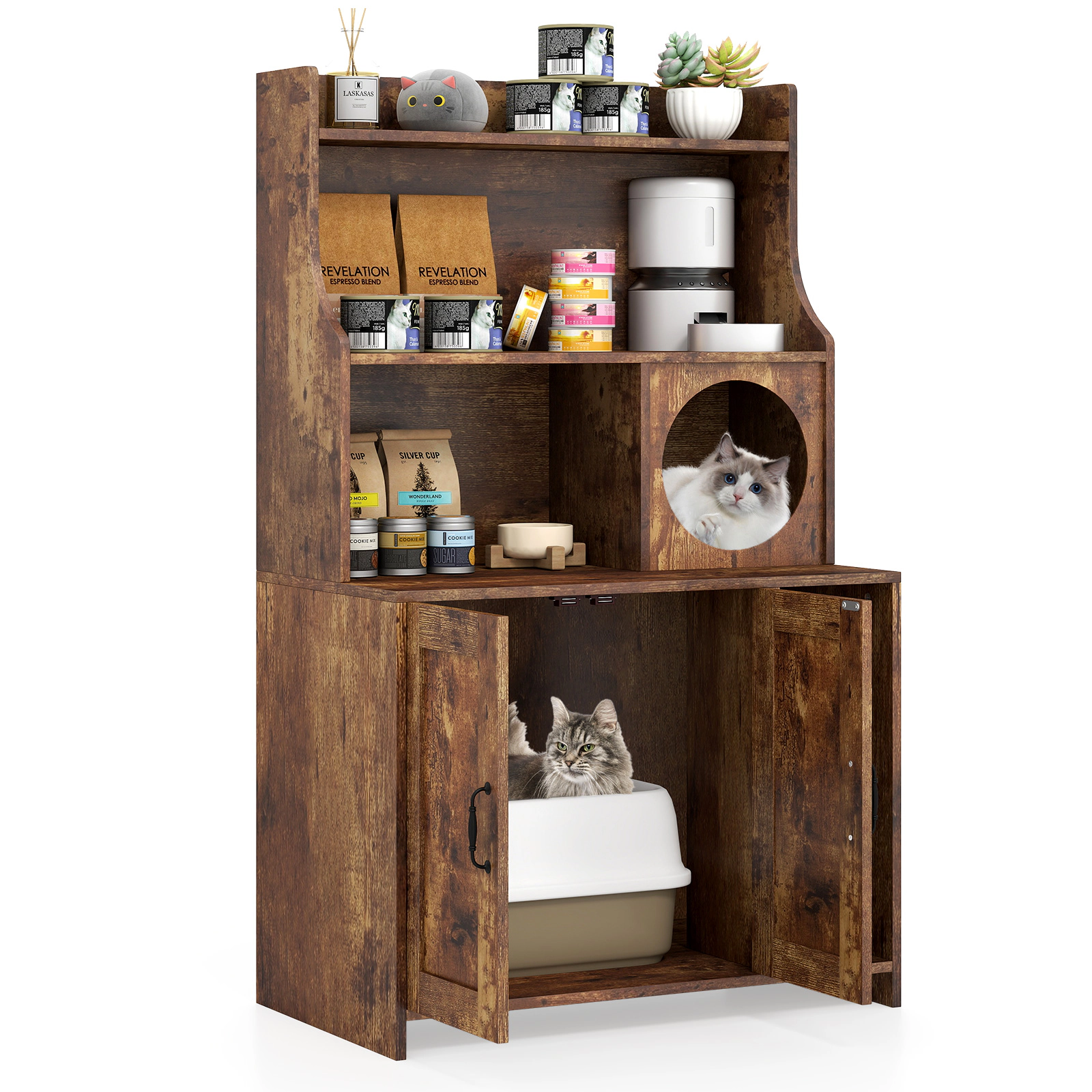SUGIFT Modern Wooden Cat Litter Box Enclosure with Storage Shelves 66-lb Tabletop Capacity Brown