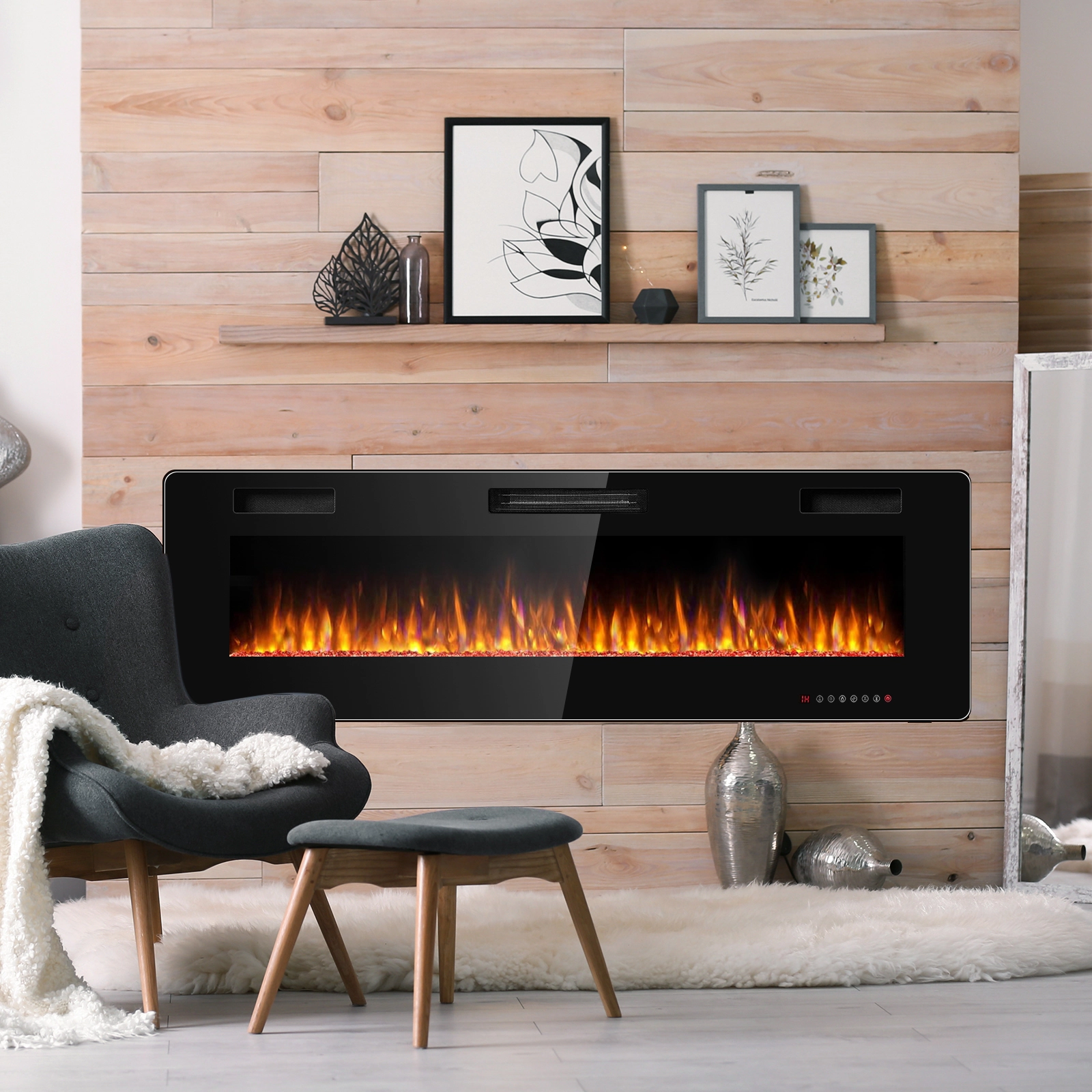 SlickBlue 60 Inch Wall Mount Electric Fireplace with Crystals, 12 Flame Colors