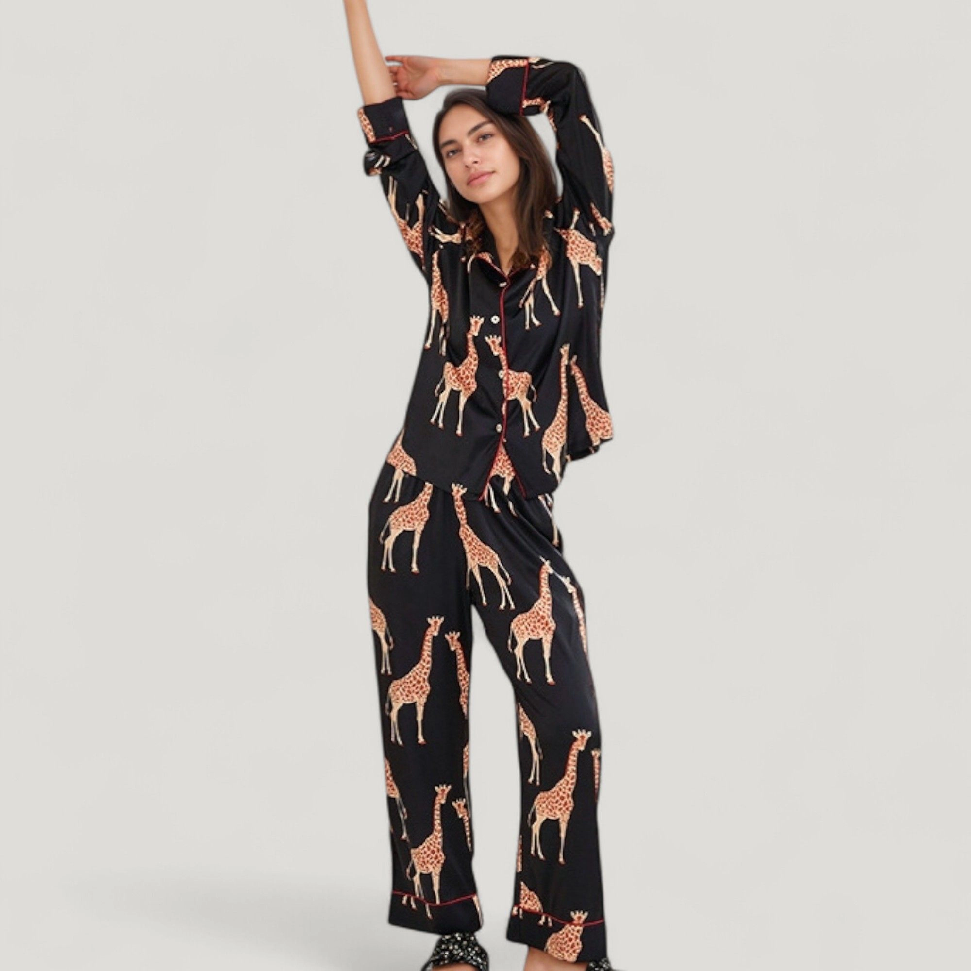Anna-Kaci Women's Giraffe Print Pajama Set with Long Sleeve Button Down Top and Relaxed Fit Woven Pants