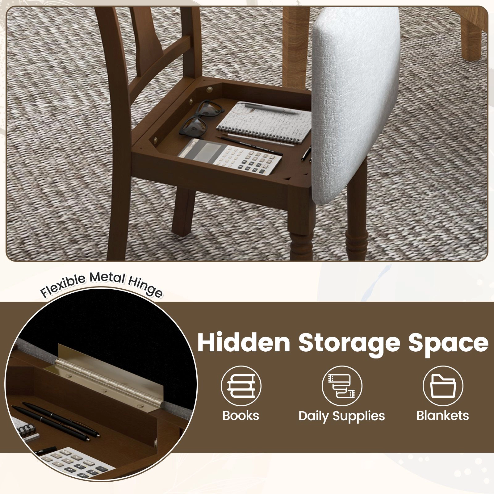SlickBlue Upholstered Flip-Up Storage Dining Chair with Wood Legs