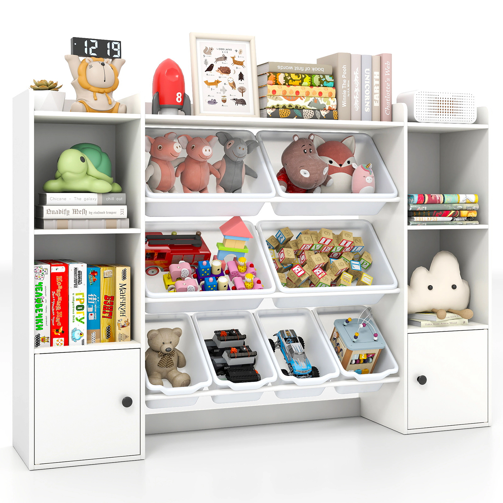 SUGIFT Kids 8 Storage Boxes 2 Cabinets Toy Organizer Bookshelf 56.5-in x 12-in x 39.5-in 385-lb Capacity Ages 3+ White