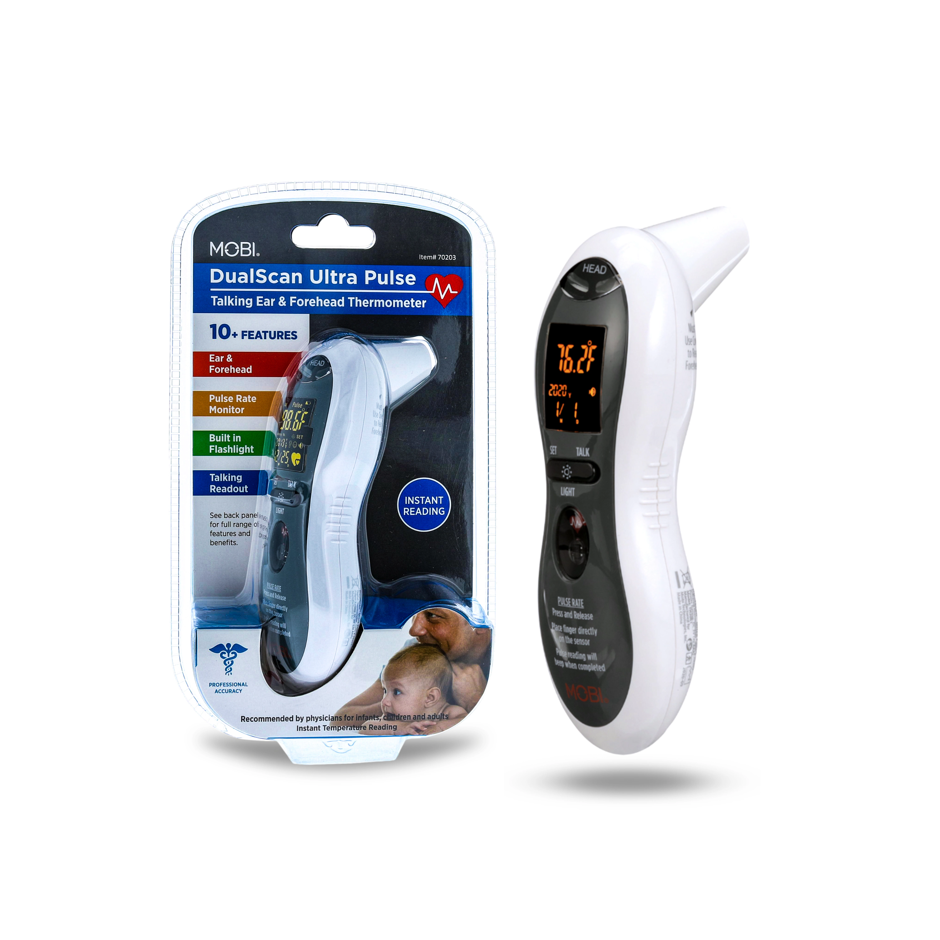 MOBI DualScan Ultra Pulse Ear & Forehead Talking Thermometer + Pulse Rate Monitor