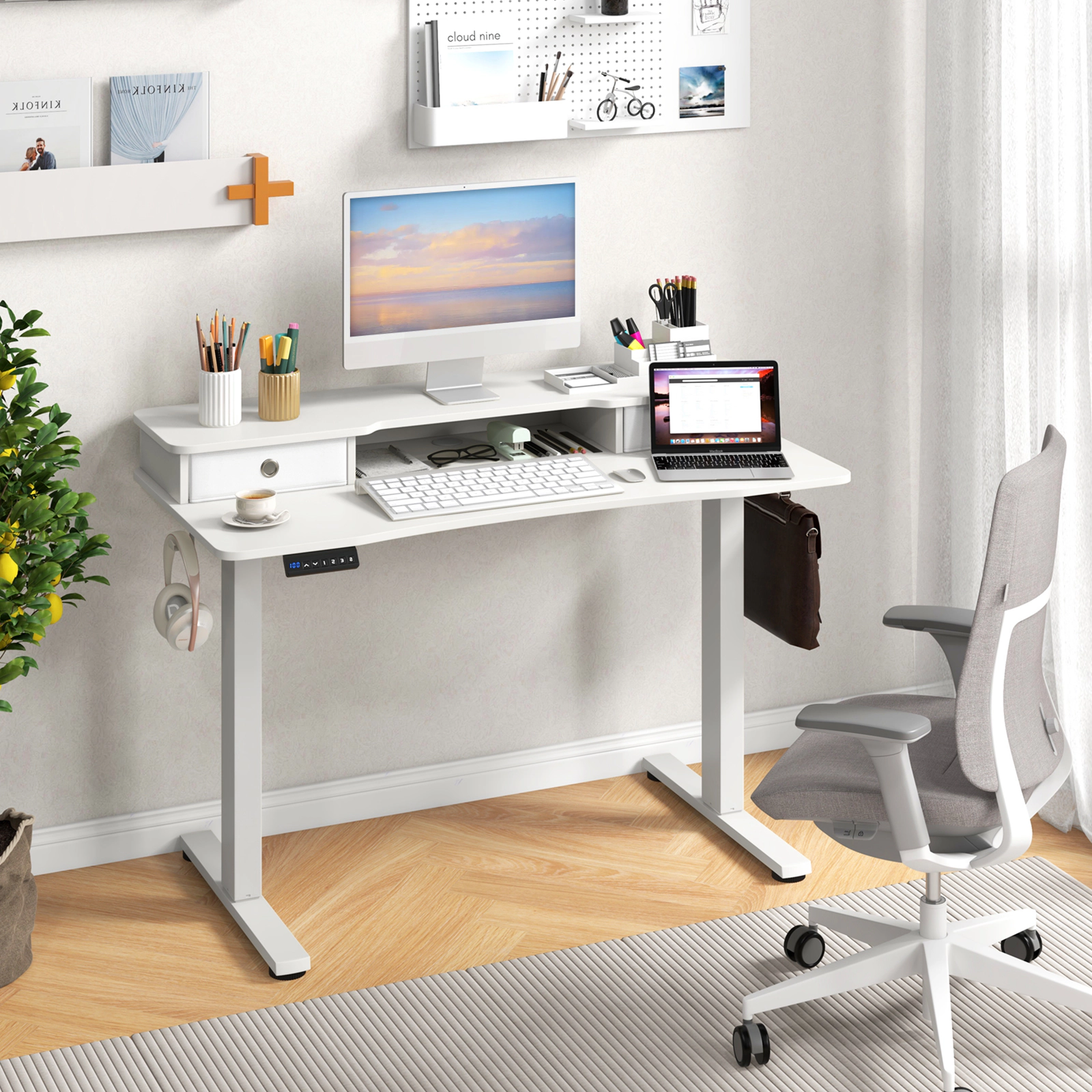 SUGIFT 48 x 24 in Height Adjustable Electric Standing Desk with Monitor Shelf and 2 Drawers 200-Lb Capacity White