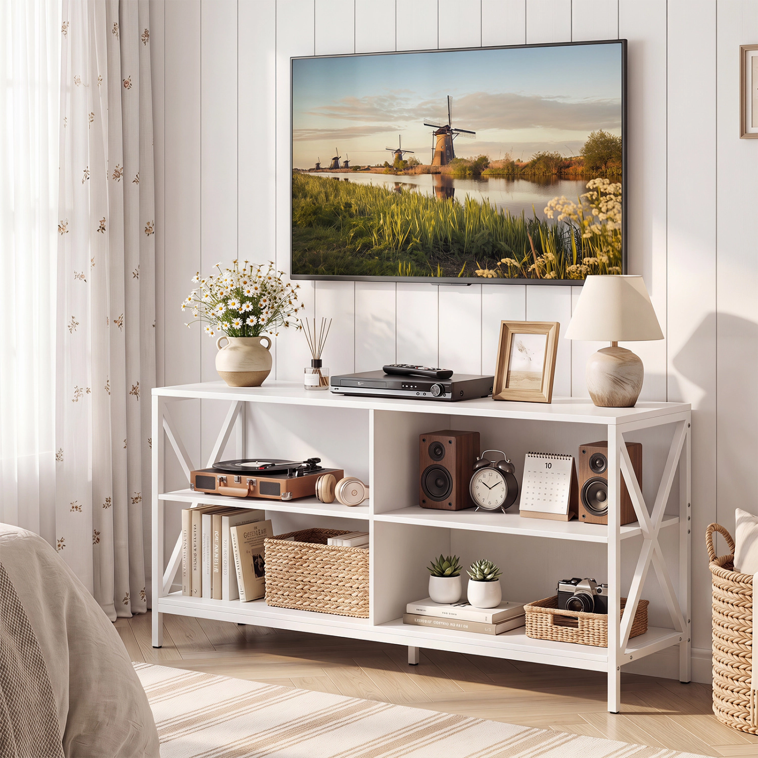 Hivvago Wooden Tv Stand Entertainment For Tvs Up To 55 Inch With X-Shaped Frame