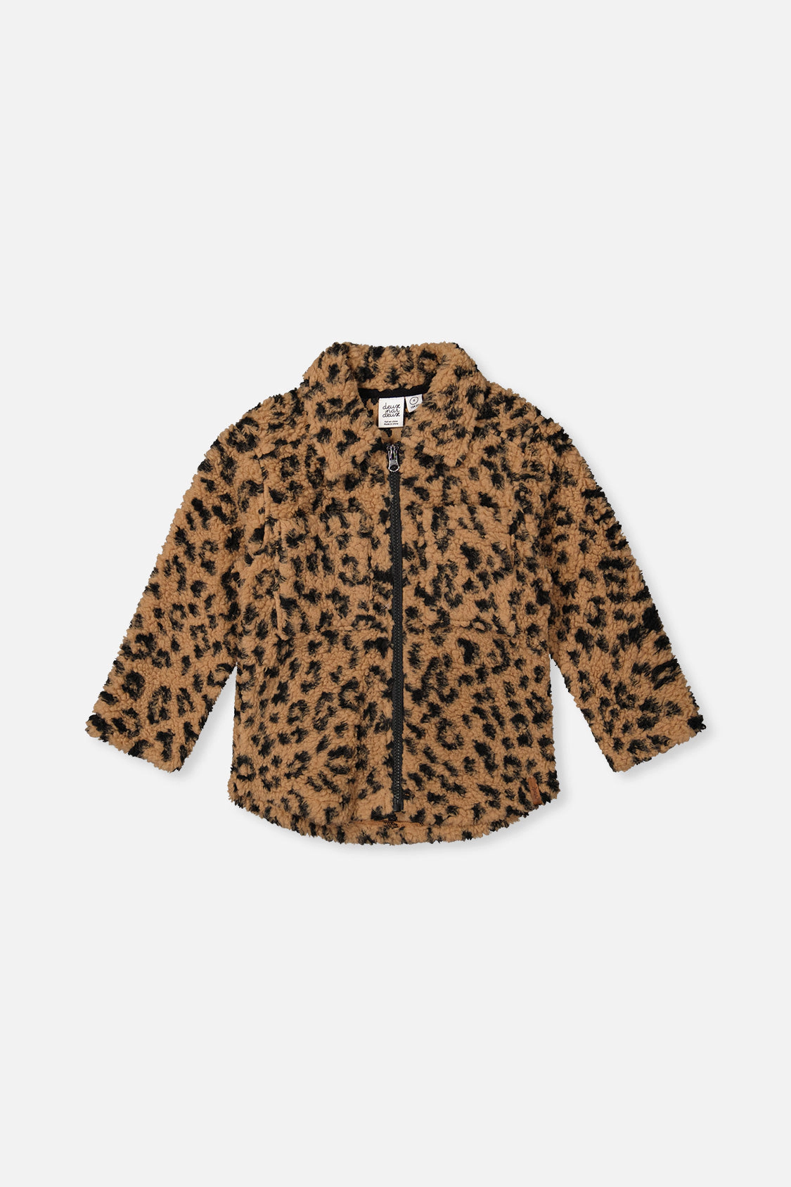 Deux par Girls Leopard Print Zipped Sherpa Overshirt with Chest Pockets