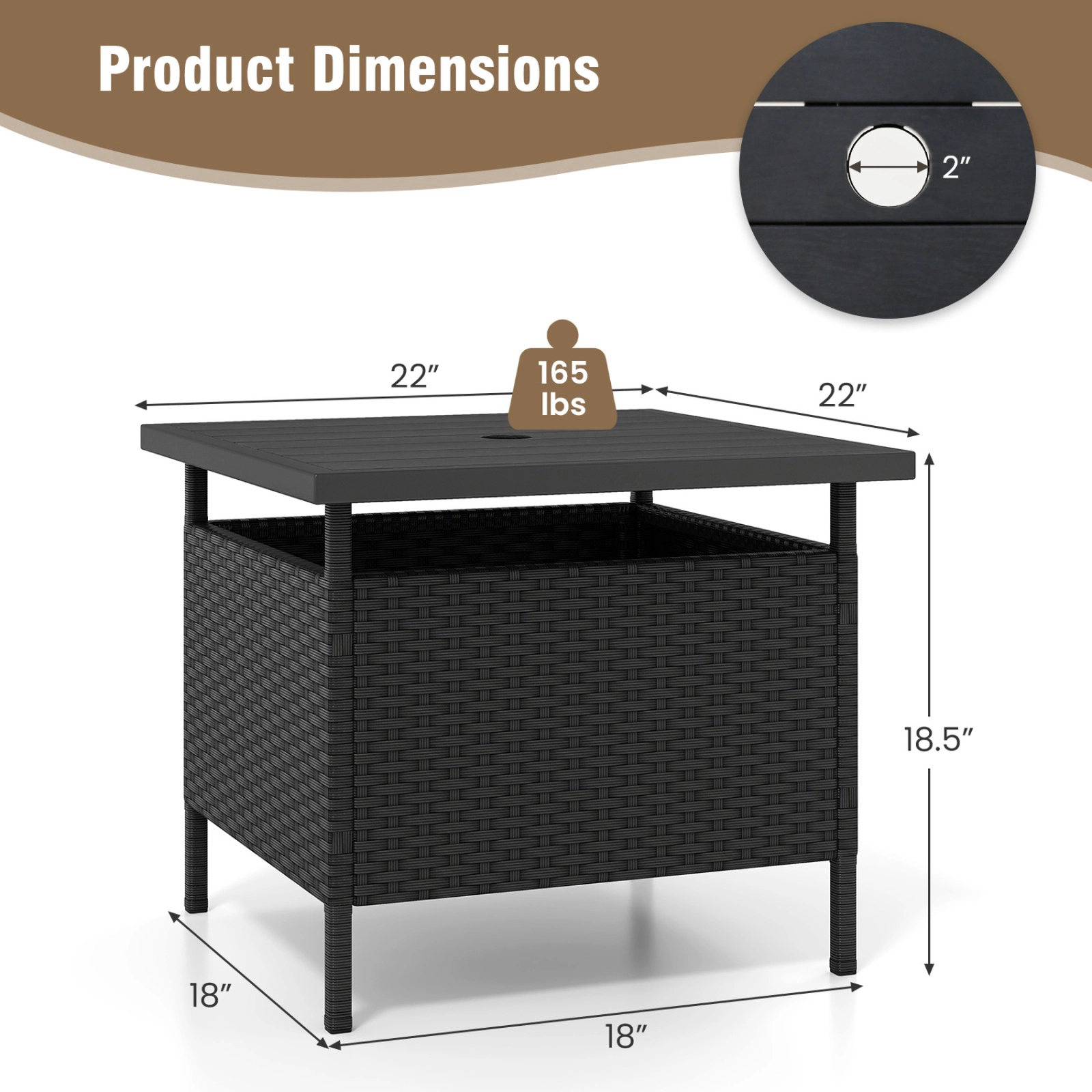 SUGIFT 22 Square Patio Side Table Wicker with 2 Umbrella Hole and Storage
