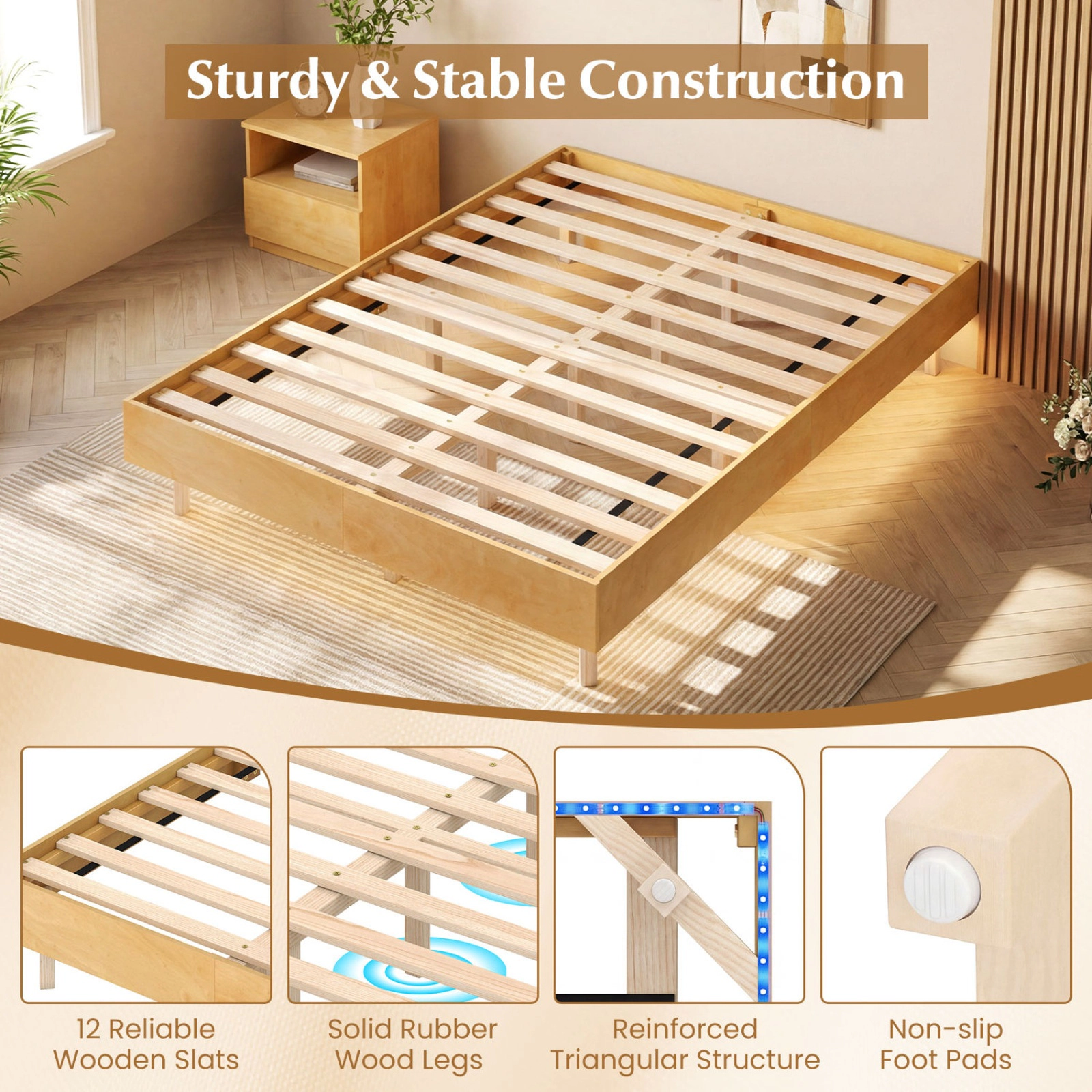 SUGIFT Full Size 800-lb Bed Capacity Floating Bed Frame with LED Lights and Remote Wood Platform 12-in H Natural