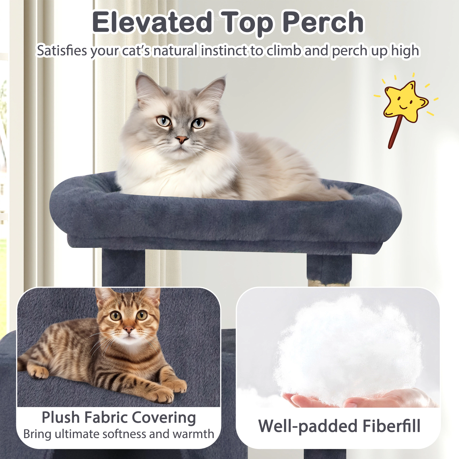 SUGIFT Multi-Level 70-in Tall Cat Tree Tower with Hammock and Dual Condos 33-lb Capacity Beige Deep Gray Light Gray