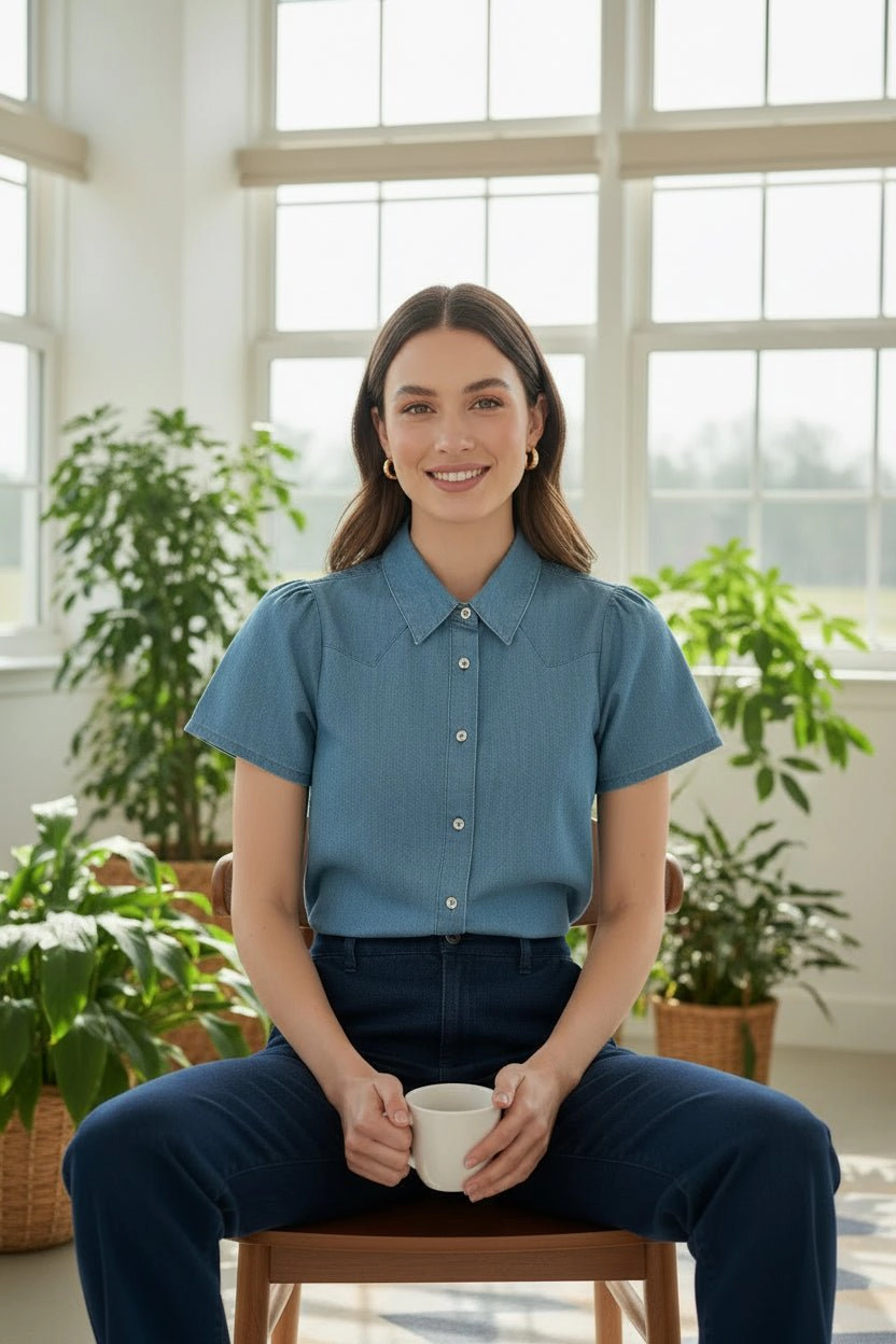 DressAtR Women's Light Blue Denim Half Sleeve Collar Button Up Shirt