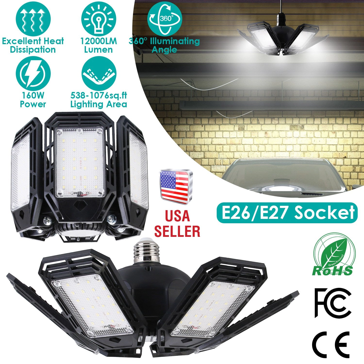 GBruno 2-Pack Adjustable LED Garage Lights 160W