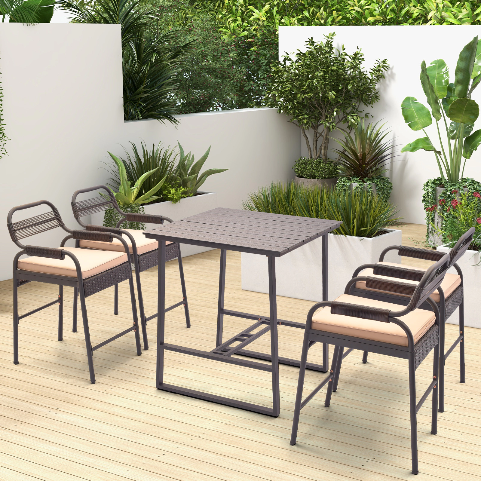 LJG 5 Piece Rattan Counter Set with 4 Stools and Polywood Bar Table