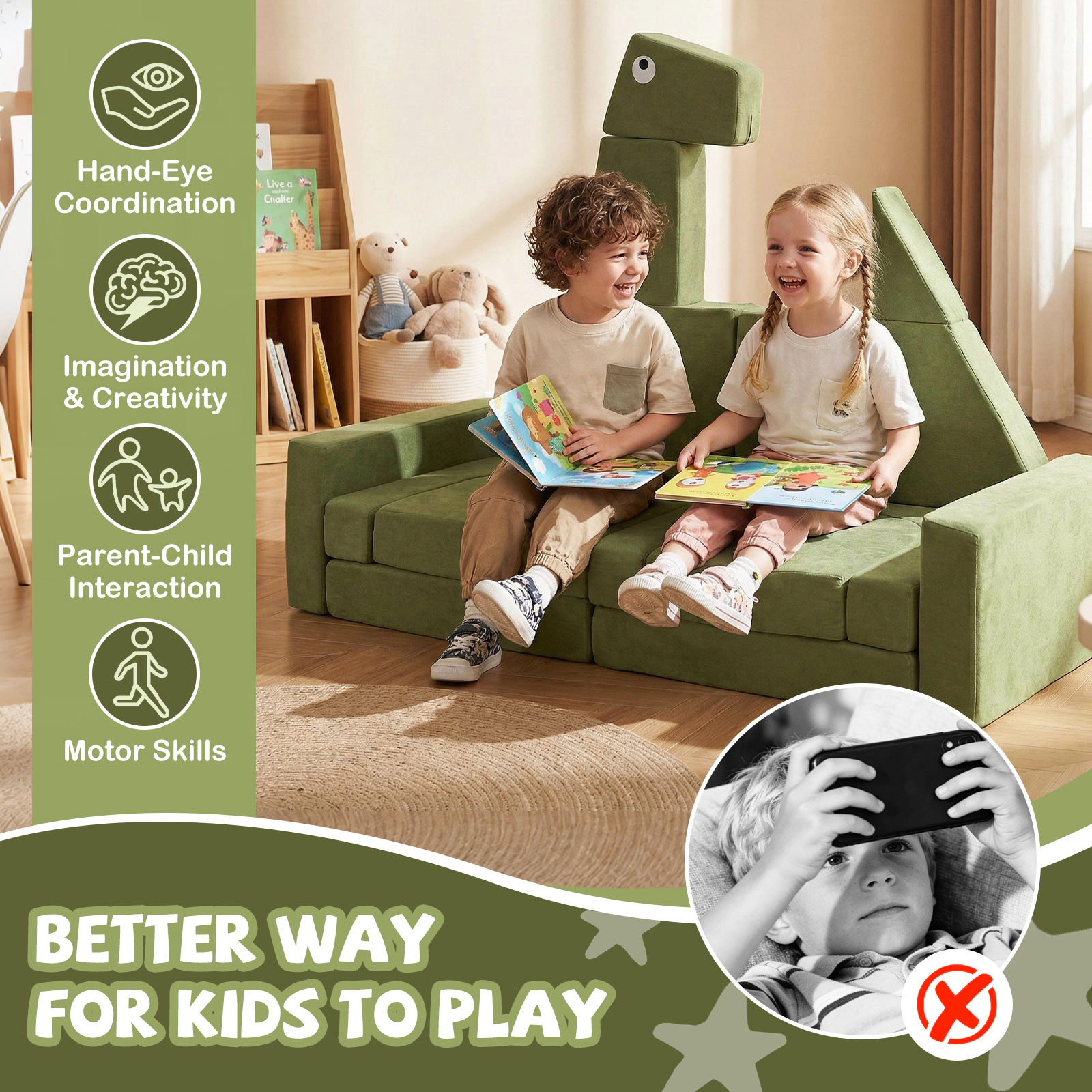 SUGIFT 13-Piece Modular Kids Play Couch with High-Density Foam 56-in Wide Ages 3+ Dinosaur Velvet Fabric