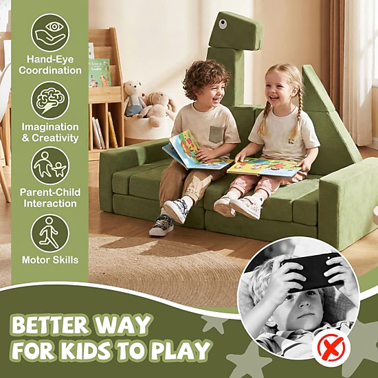 SUGIFT 13-Piece Modular Kids Play Couch with High-Density Foam 56-in Wide Ages 3+ Dinosaur Velvet Fabric