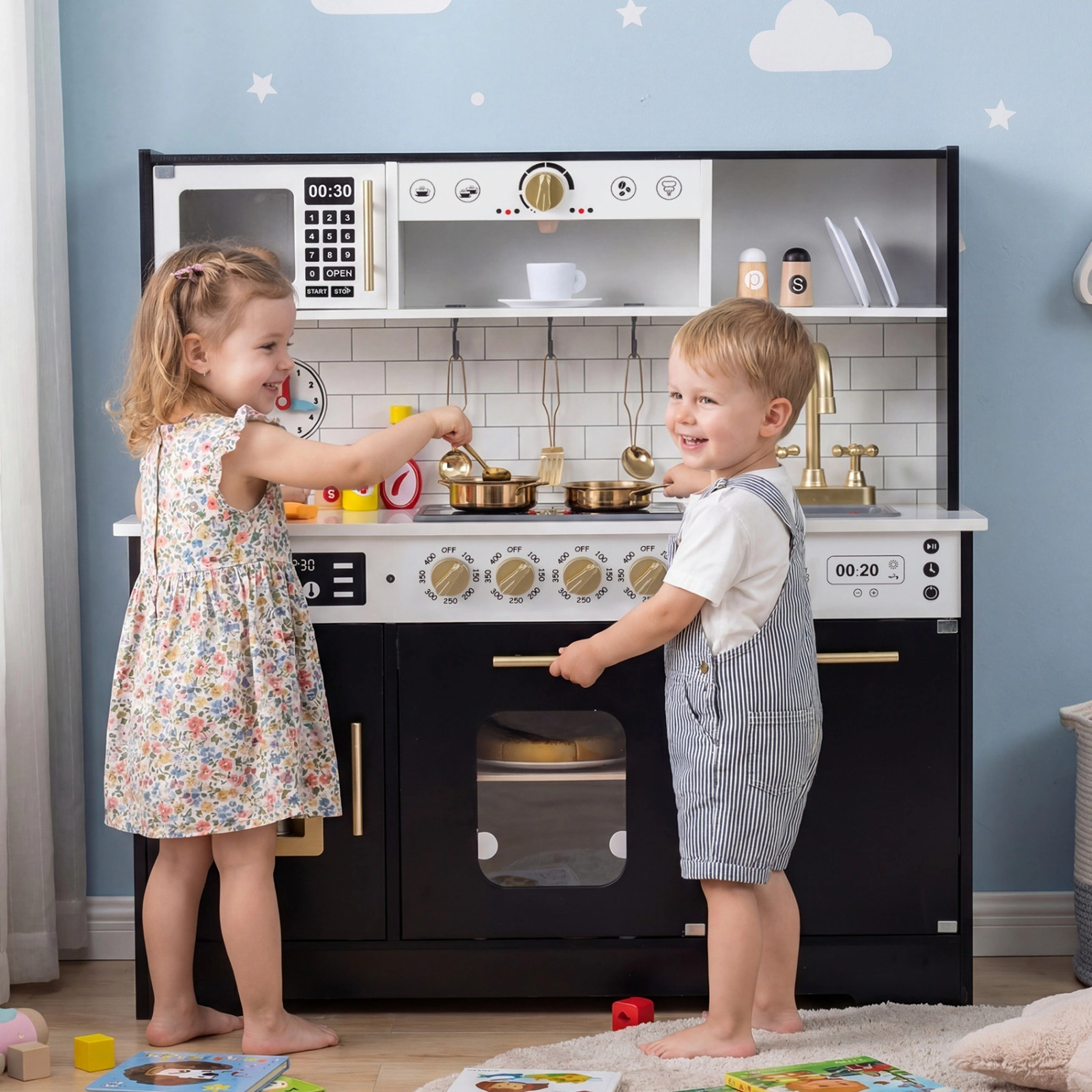 Wooden Play Kitchen for Kids Lighted Stoves Ice Maker Coffee Maker Dishwasher Clock 33.5-in x 11.5-in x 34.5-in Black