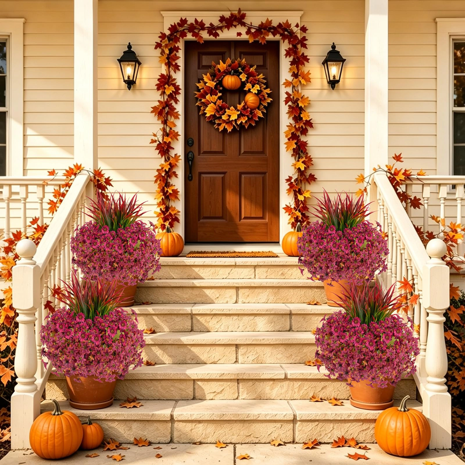 PUPWE 18 Artificial Fall Flowers For Outdoors  Faux Mums With Grass