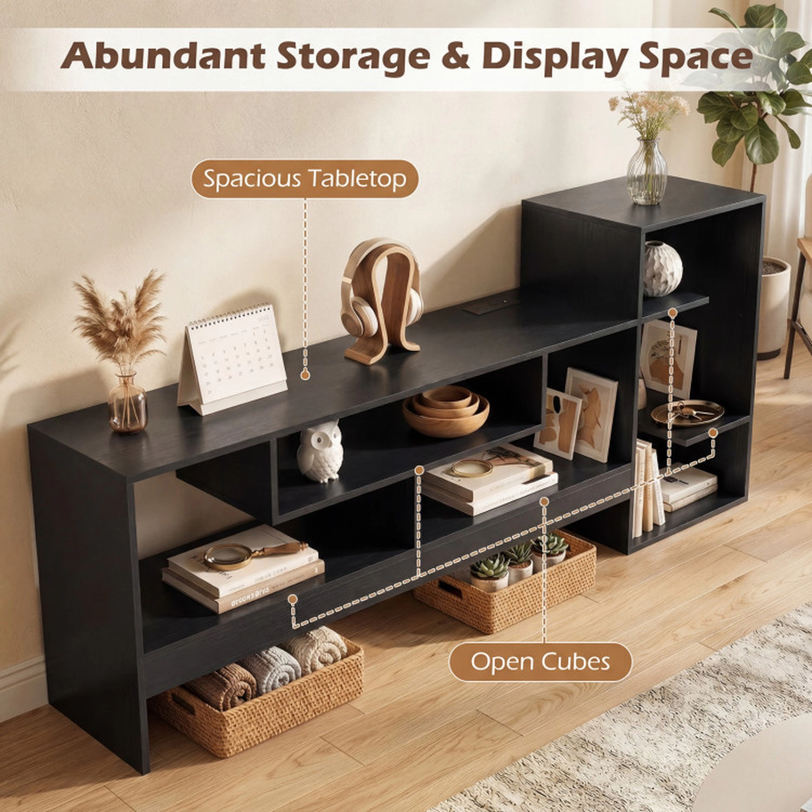 SUGIFT 64 in Cube TV Stand for 55 in TV with Power Outlets and Open Storage Shelves