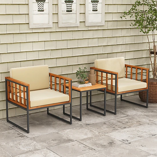 LJG 3 Pieces Patio Chair Set Acacia Wood Outdoor Sofa Set with Soft Cushions