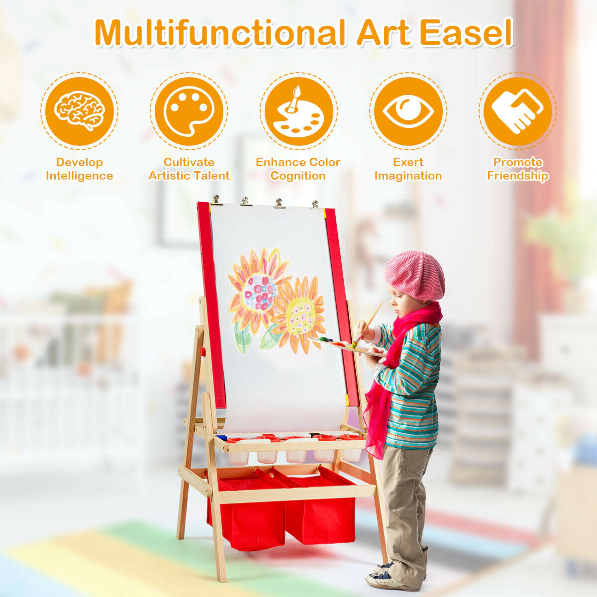 SUGIFT Flip-Over Double-Sided Kids Art Easel with Magnetic Blackboard and Whiteboard 20.5-in Frame Ages 3+ Multicolor