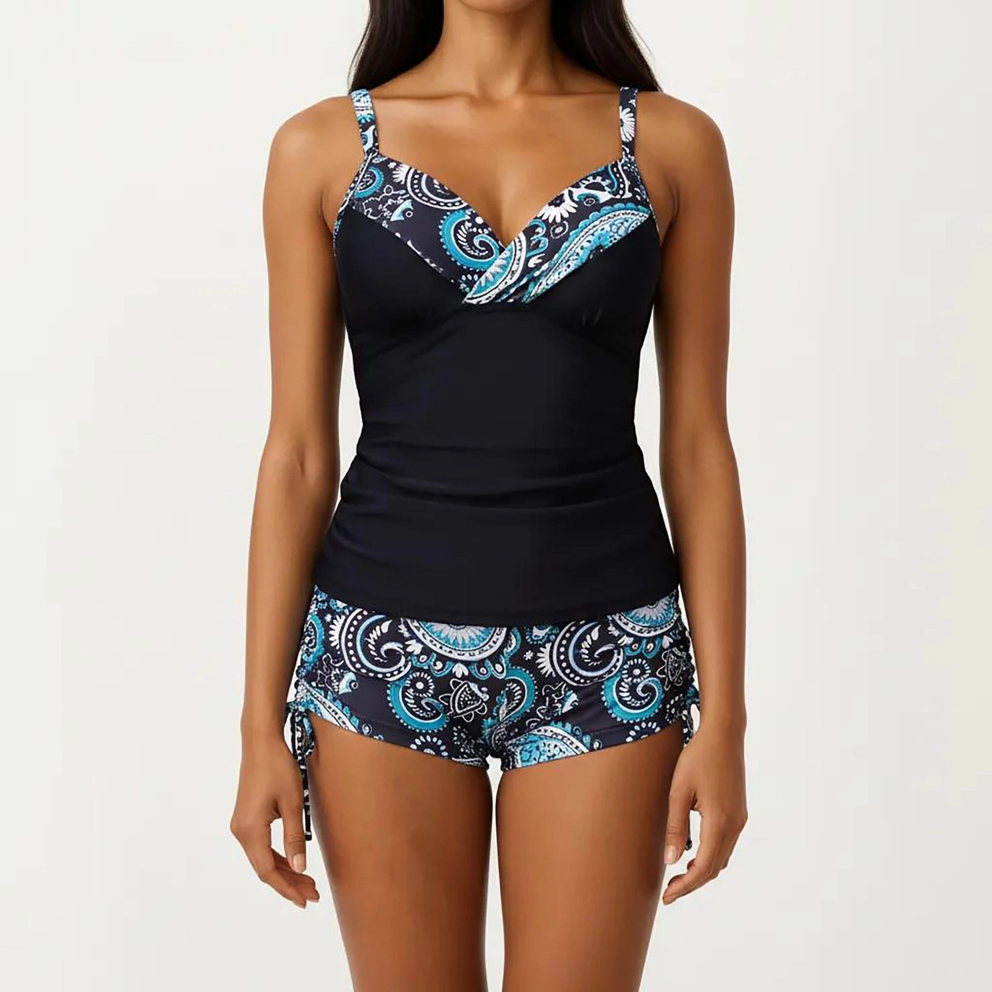 Anna-Kaci Womens Paisley V-Neck Tankini Set with Boyshort Bottoms