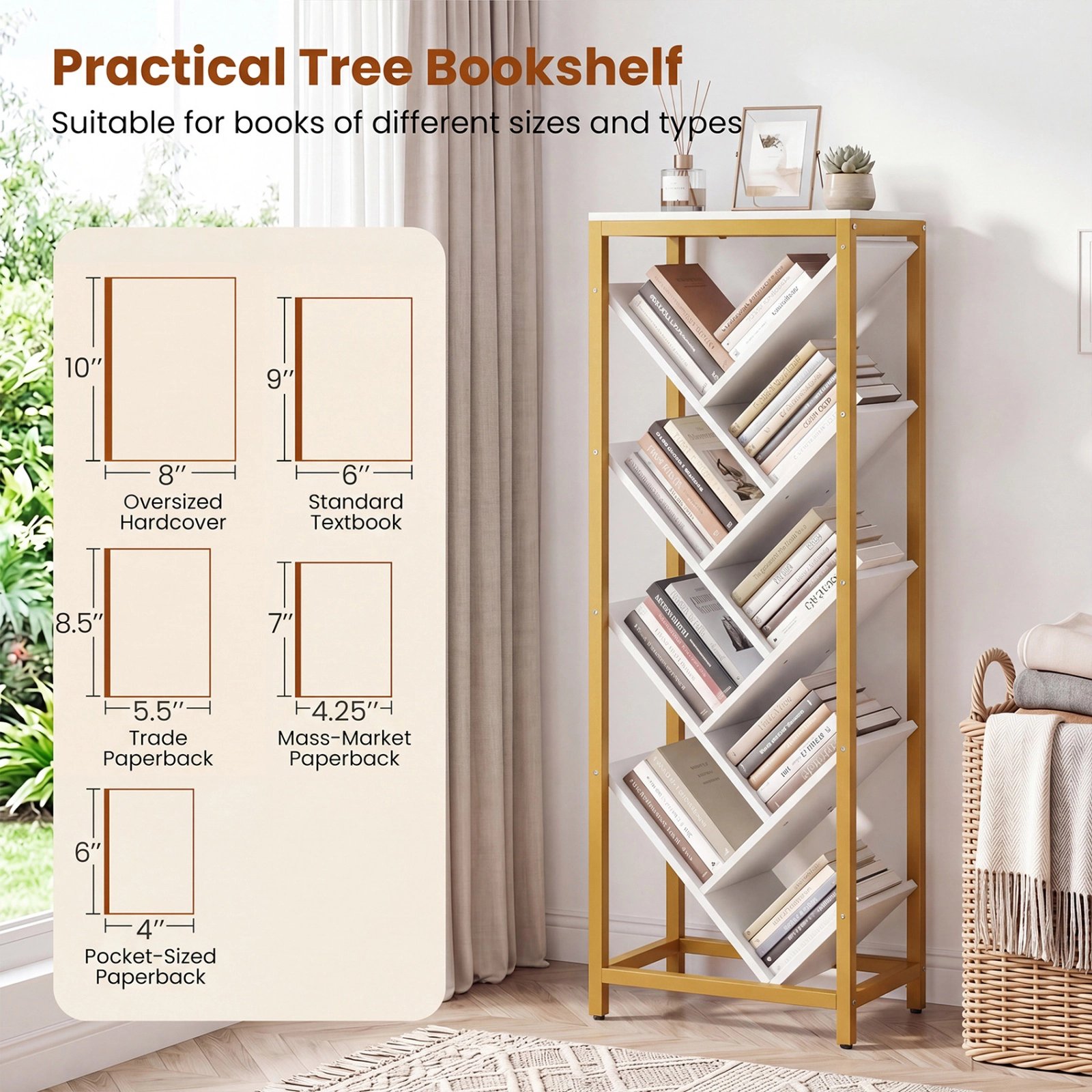 SUGIFT 9-Tier Freestanding Tree Bookcase for Hardcover Books 42-in Tall 132-lb Total Capacity 22-lb Shelf Capacity White
