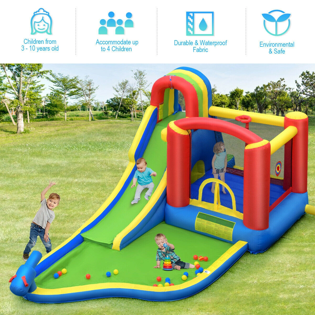 SUGIFT Inflatable Bounce House Castle with Curved Water Slide Tunnel Dart Board and 740W Blower