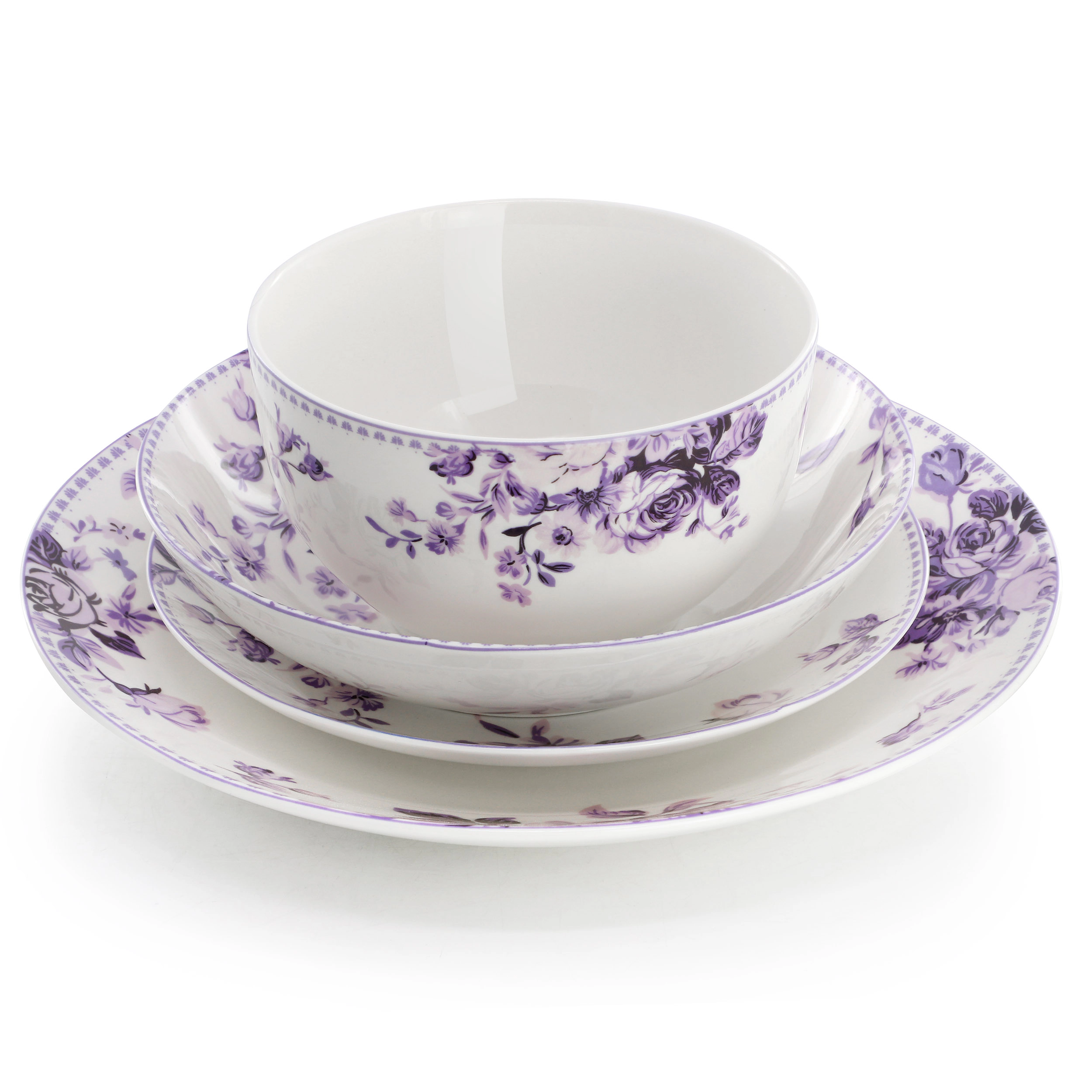 Elama Traditional Purple Rose 24 Piece Porcelain Double Bowl Dinnerware Set