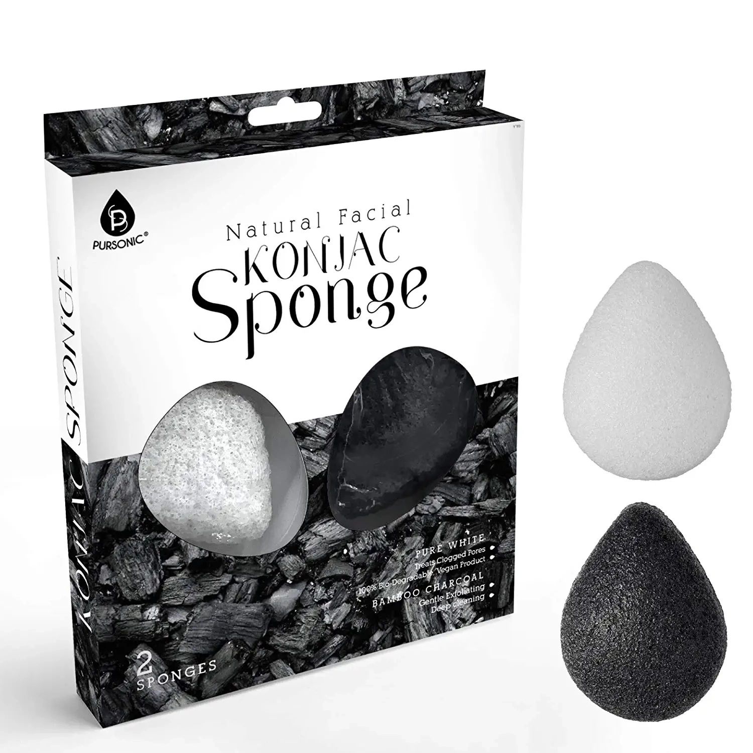 Pursonic Unisex Natural Facial Cleansing Sponge Set – Konjac Root Exfoliating Sponge Duo with Charcoal & White Sponges