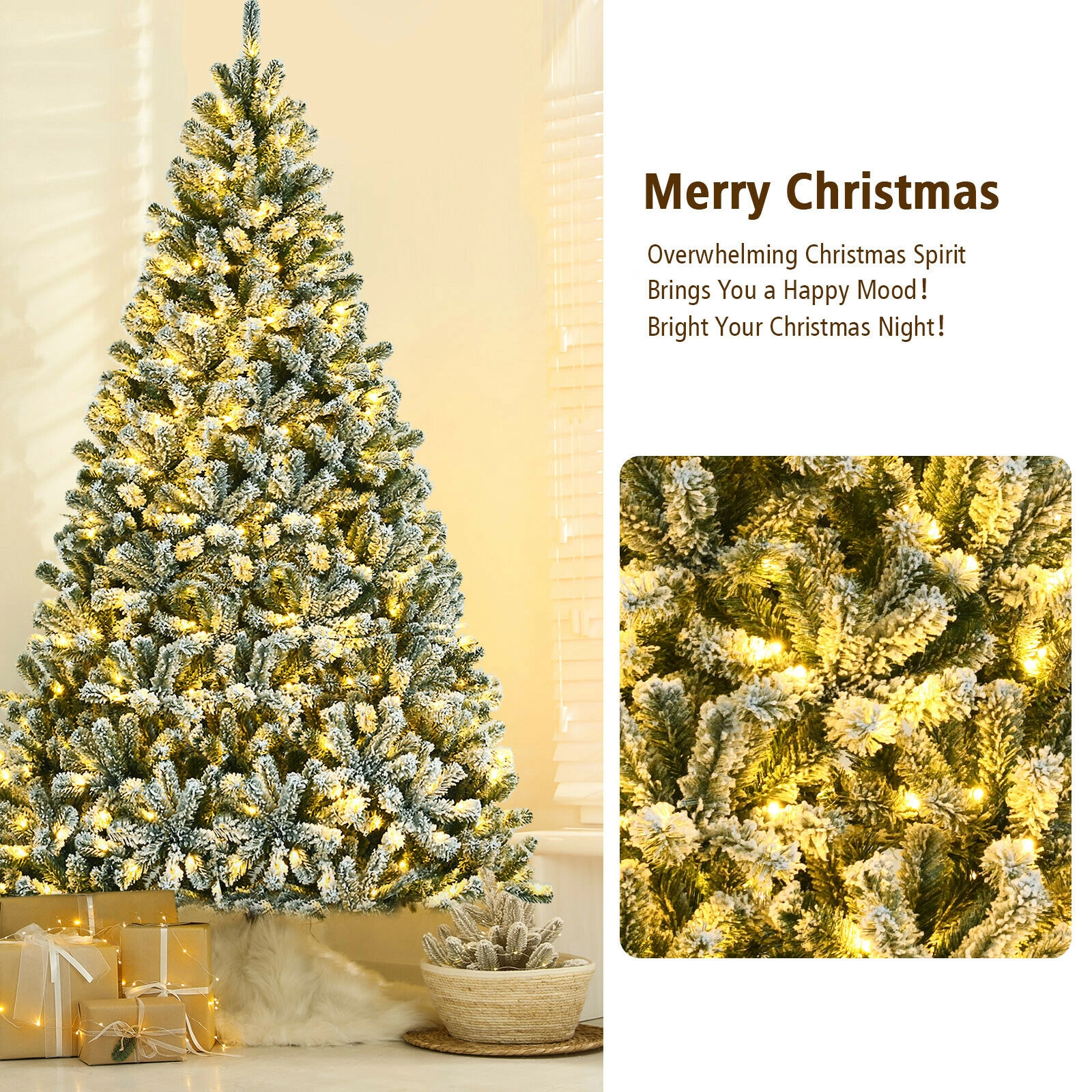 SUGIFT Snow Flocked 8-ft Pre-lit Christmas Tree with 928 Tips 650 LED Lights and Folding Metal Stand Green