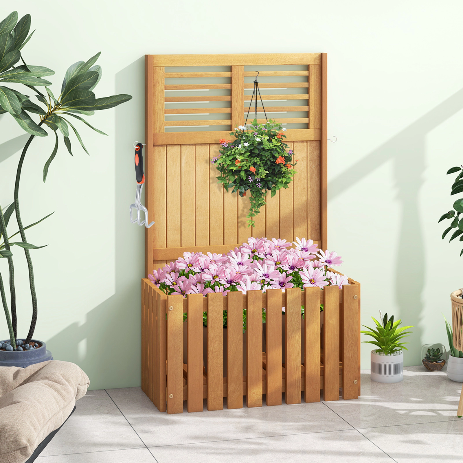 SUGIFT 41-in Tall 50-lb Capacity Natural Wood Raised Garden Bed with Privacy Screen Side Hooks and Slatted Bottom